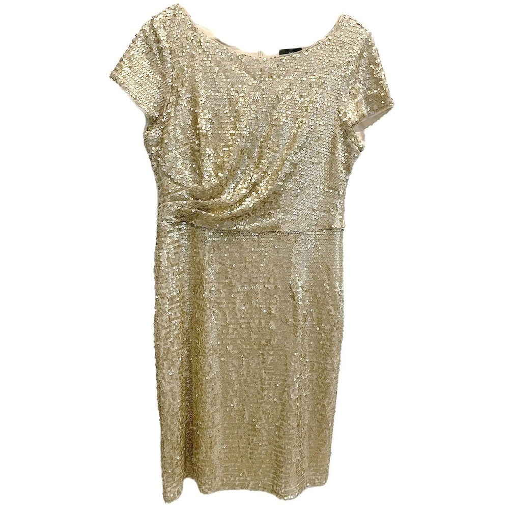Adriana Papell Sequin Dress Size 8 Gold‎ Champagne Knee Length Modest Party